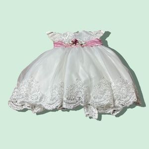 Beautiful White & Pink Baby Gown Fancy Dress With Beading, Bows, Flowers & Lace